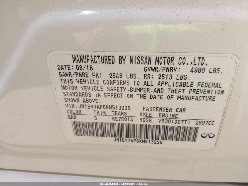 2019 Infiniti Q50 3.0T Luxe VIN: JN1EV7AP6KM513229 Lot: 44854334