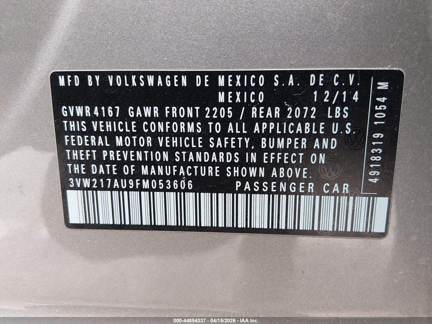 2015 Volkswagen Golf Tsi Sel 4-Door VIN: 3VW217AU9FM053606 Lot: 44854337