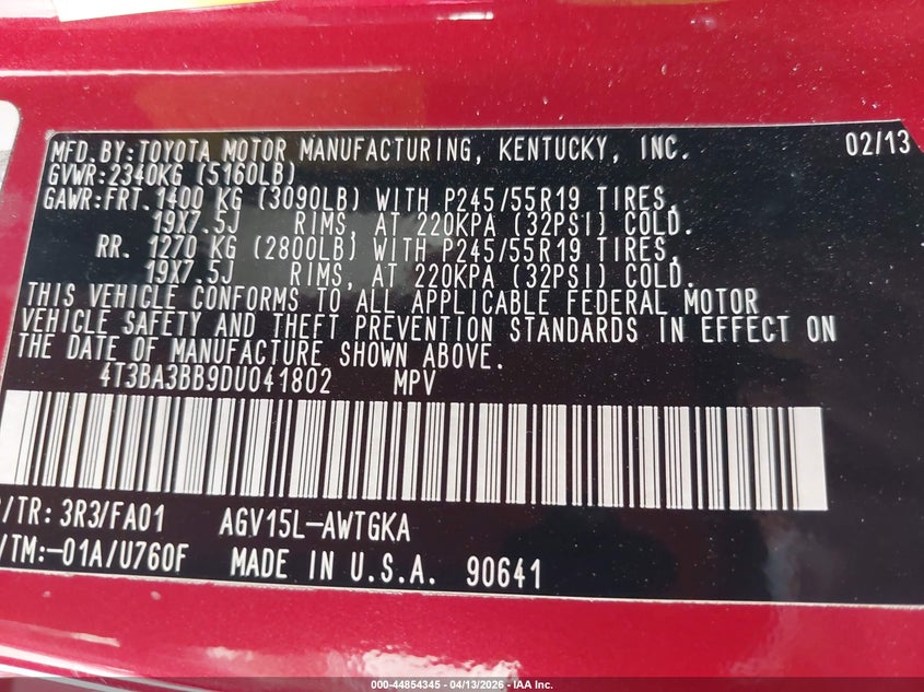 2013 Toyota Venza Le VIN: 4T3BA3BB9DU041802 Lot: 44854345