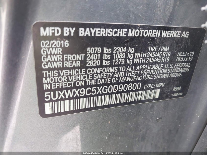 2016 BMW X3 xDrive28I VIN: 5UXWX9C5XG0D90800 Lot: 44854349