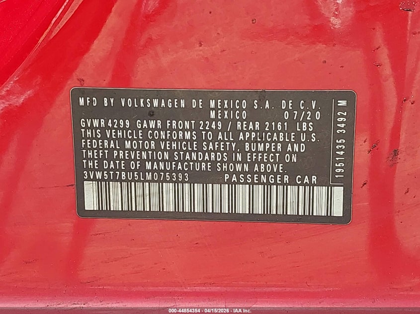2020 Volkswagen Jetta Gli 2.0T Autobahn/2.0T S VIN: 3VW5T7BU5LM075393 Lot: 44854354