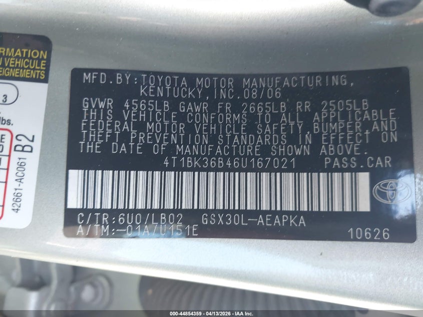 2006 Toyota Avalon Limited VIN: 4T1BK36B46U167021 Lot: 44854359
