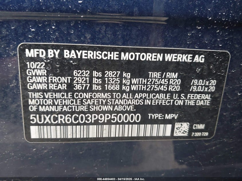 2023 BMW X5 xDrive40I VIN: 5UXCR6C03P9P50000 Lot: 44854403