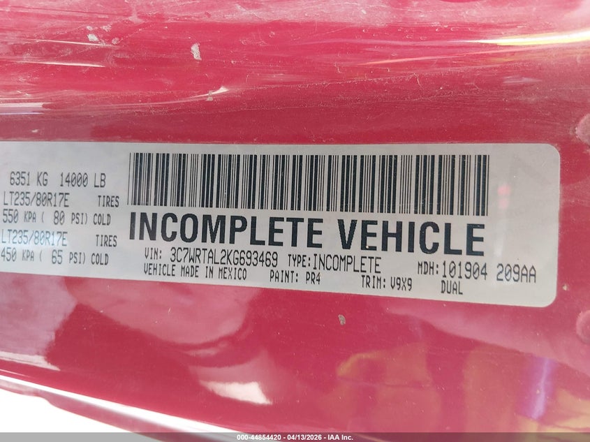 2019 Ram 3500 Chassis Tradesman/Slt VIN: 3C7WRTAL2KG693469 Lot: 44854420