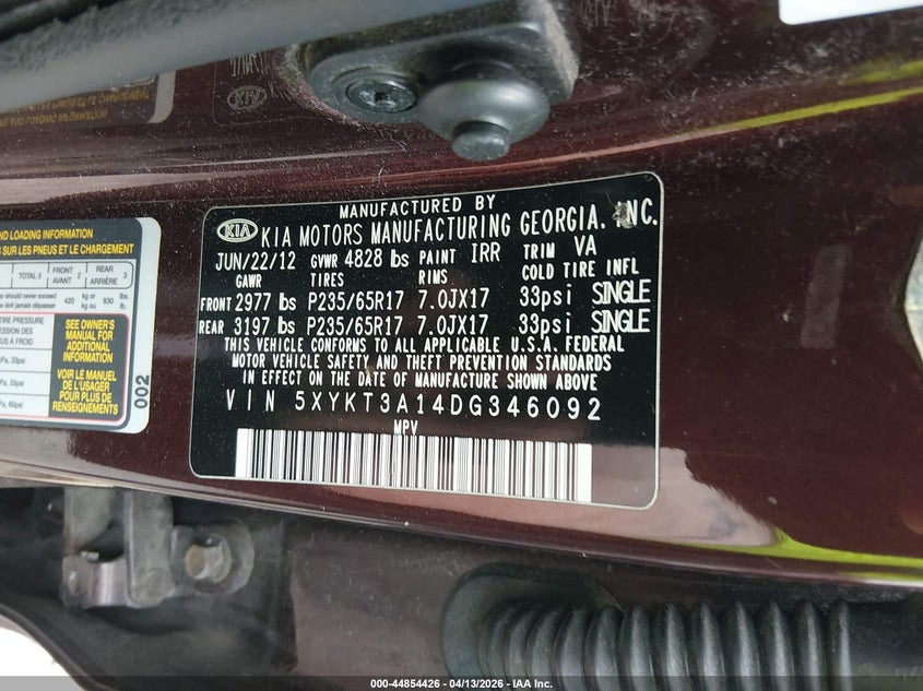 2013 Kia Sorento Lx VIN: 5XYKT3A14DG346092 Lot: 44854426