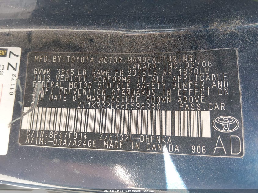 2006 Toyota Matrix Xr VIN: 2T1KR32E66C598280 Lot: 44854454