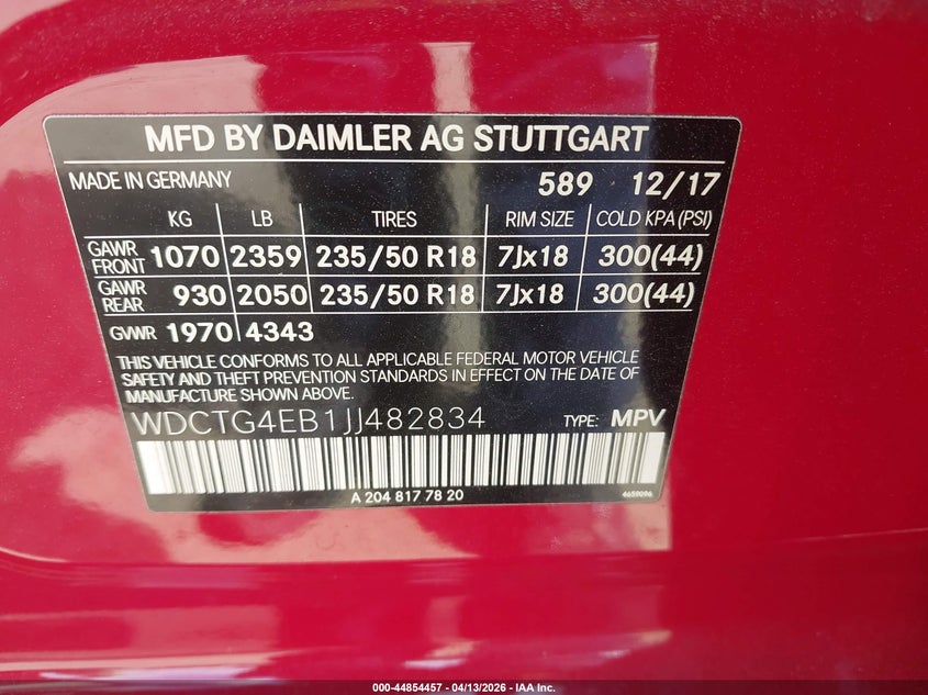 2018 Mercedes-Benz Gla 250 VIN: WDCTG4EB1JJ482834 Lot: 44854457