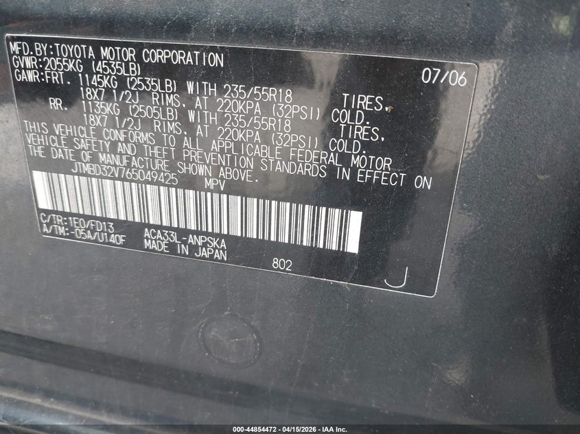 2006 Toyota Rav4 Sport VIN: JTMBD32V765049425 Lot: 44854472