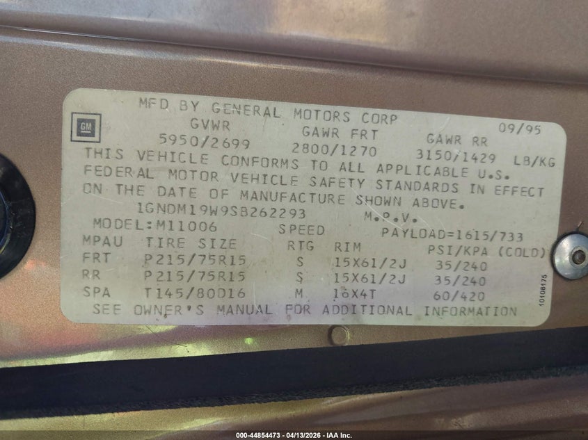 1995 Chevrolet Astro VIN: 1GNDM19W9SB262293 Lot: 44854473