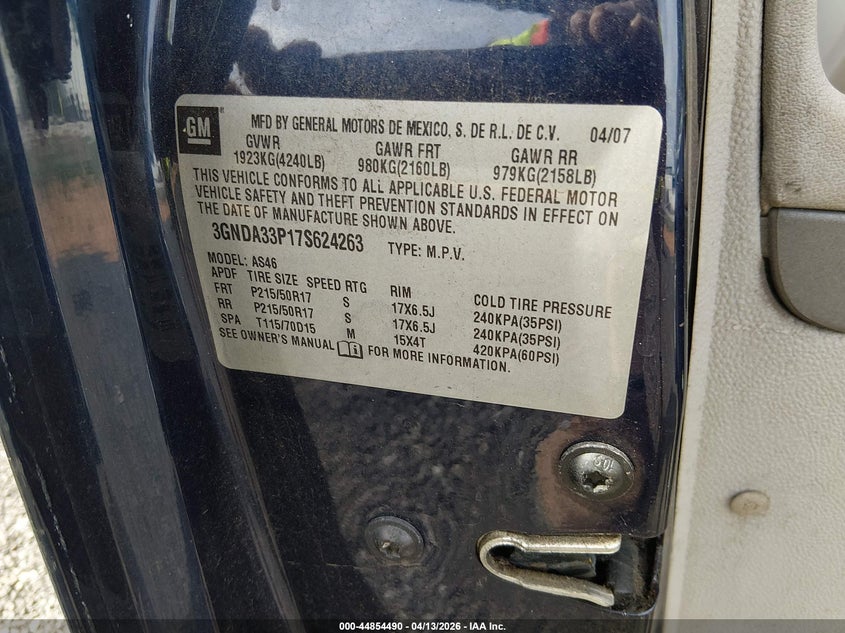 2007 Chevrolet Hhr Lt VIN: 3GNDA33P17S624263 Lot: 44854490