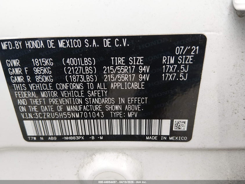 2022 Honda Hr-V 2Wd Ex VIN: 3CZRU5H55NM701043 Lot: 44854497