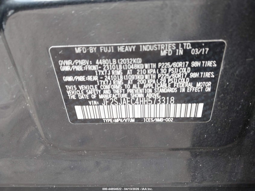 2017 Subaru Forester 2.5I Premium VIN: JF2SJAEC4HH573318 Lot: 44854522