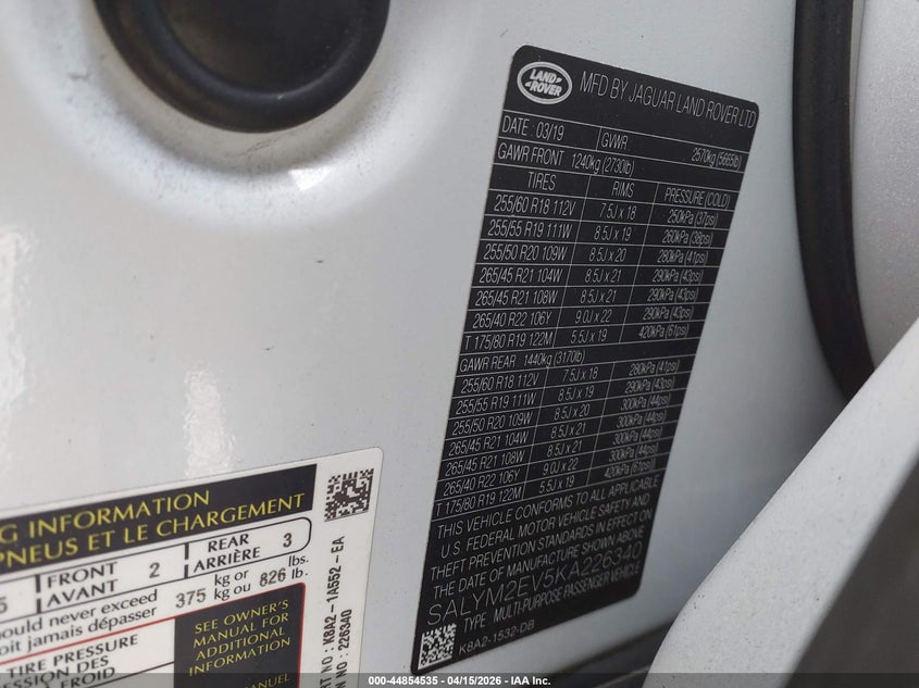 2019 Land Rover Range Rover Velar P380 R-Dynamic Hse VIN: SALYM2EV5KA226340 Lot: 44854535