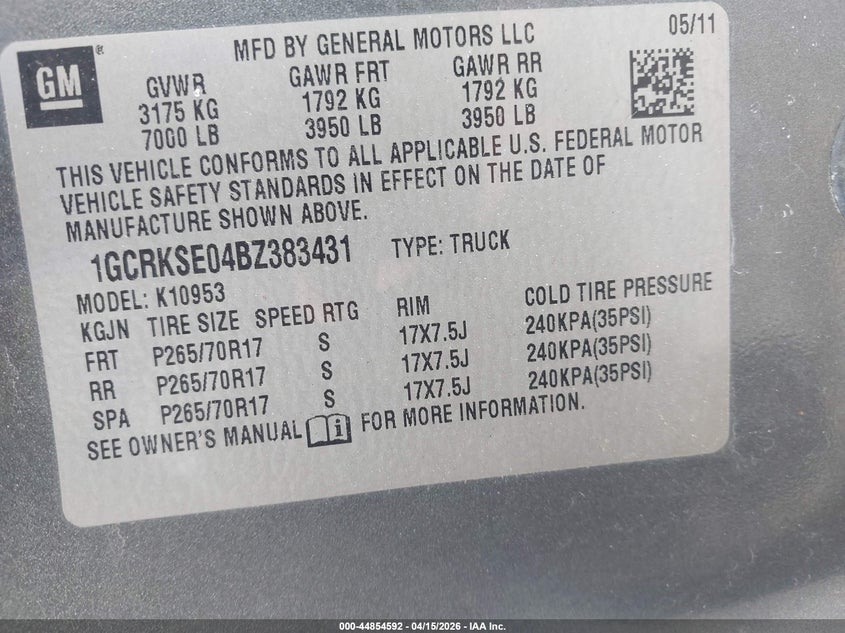 2011 Chevrolet Silverado 1500 Lt VIN: 1GCRKSE04BZ383431 Lot: 44854592