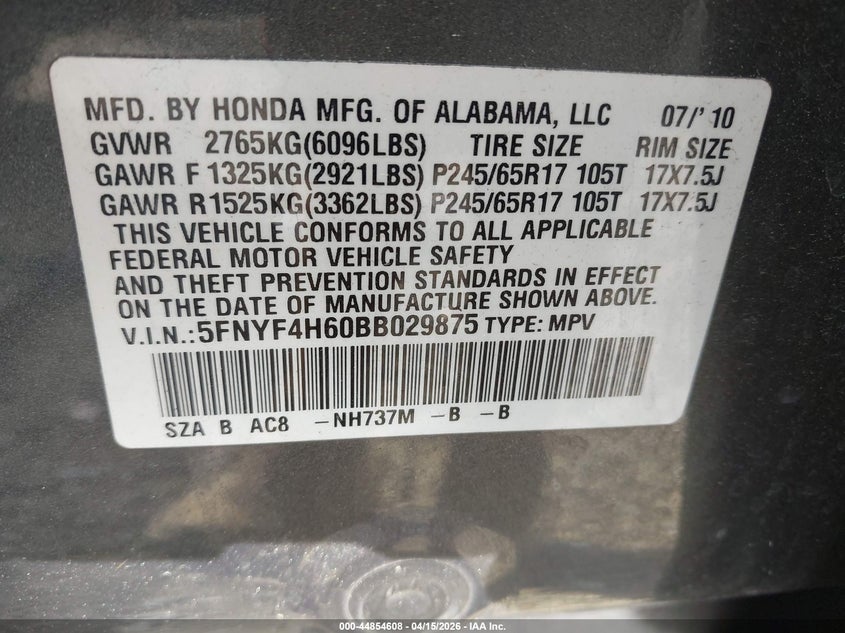 2011 Honda Pilot Ex-L VIN: 5FNYF4H60BB029875 Lot: 44854608