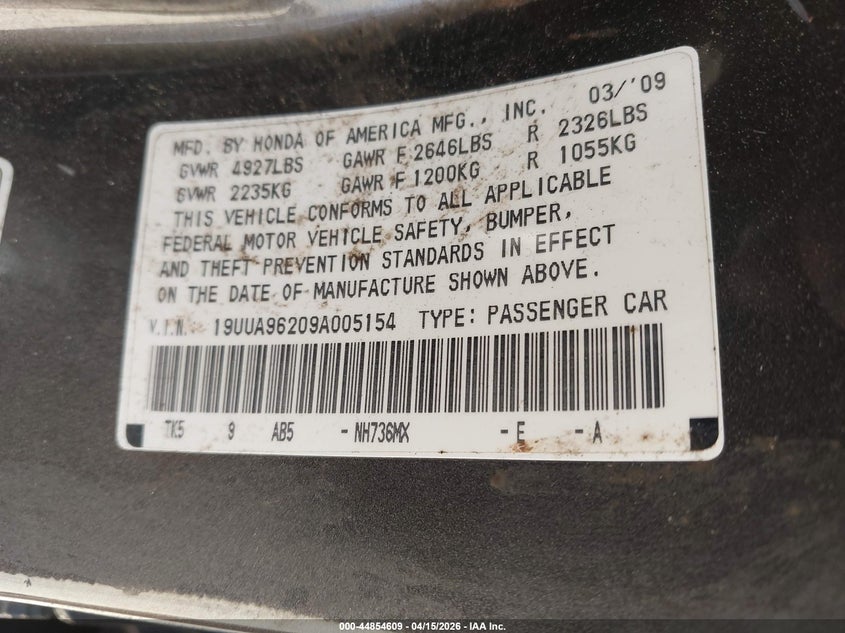 2009 Acura Tl 3.7 VIN: 19UUA96209A005154 Lot: 44854609