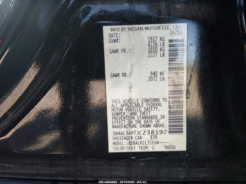 2018 Nissan Altima 2.5 Sl VIN: 1N4AL3AP7JC238197 Lot: 44854662