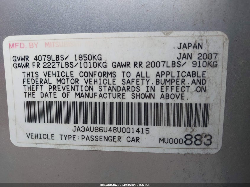 2008 Mitsubishi Lancer Gts VIN: JA3AU86U48U001415 Lot: 44854675