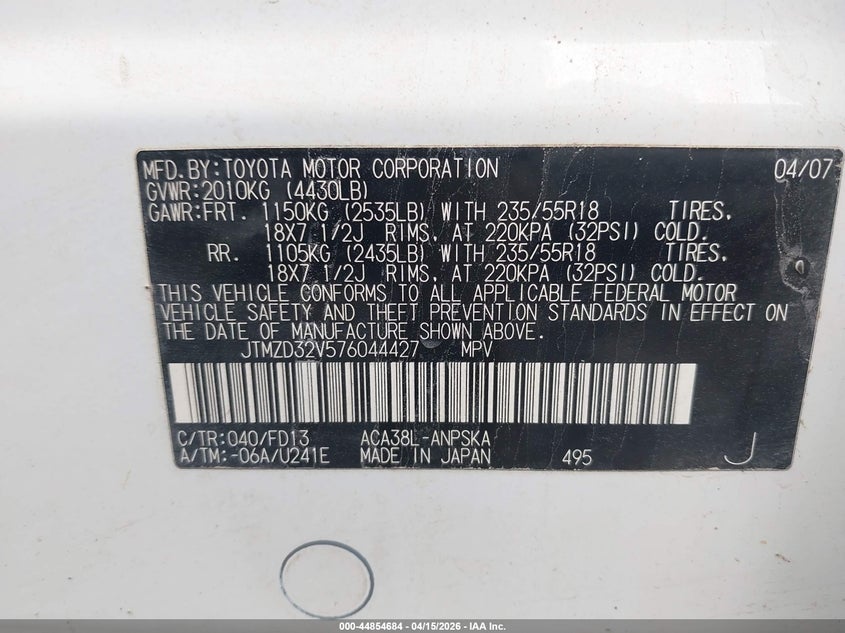 2007 Toyota Rav4 Sport VIN: JTMZD32V576044427 Lot: 44854684