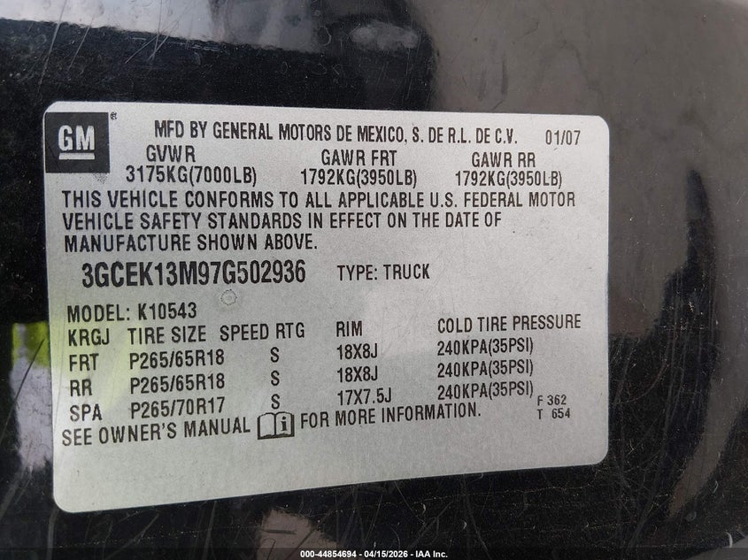 2007 Chevrolet Silverado 1500 Lt1 VIN: 3GCEK13M97G502936 Lot: 44854694