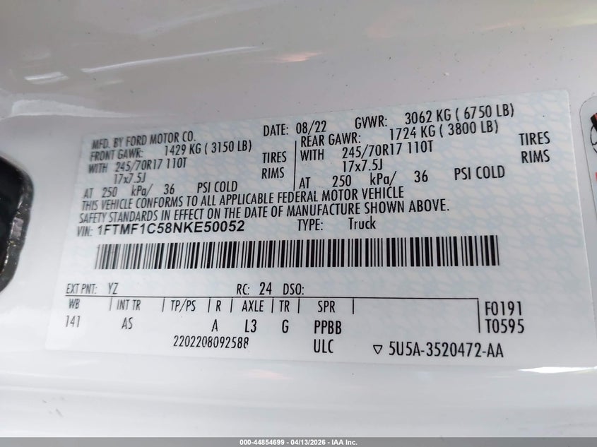 2022 Ford F-150 Xl VIN: 1FTMF1C58NKE50052 Lot: 44854699