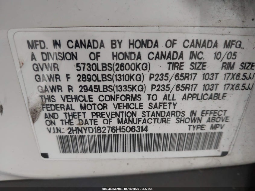 2006 Acura Mdx VIN: 2HNYD18276H506314 Lot: 44854706