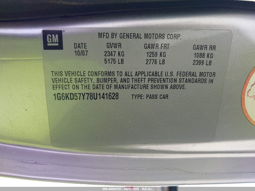 2008 Cadillac Dts 1Sb VIN: 1G6KD57Y78U141628 Lot: 44854707