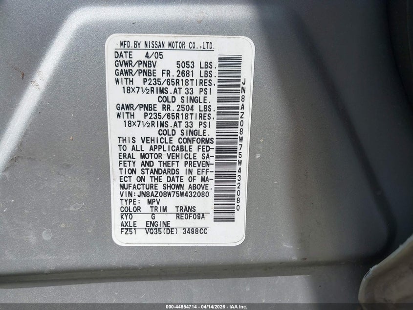 2005 Nissan Murano S VIN: JN8AZ08W75W432080 Lot: 44854714