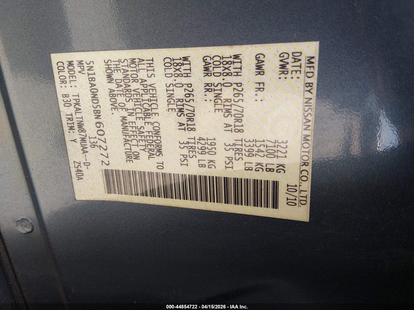 2011 Nissan Armada Sv VIN: 5N1BA0ND5BN607272 Lot: 44854722