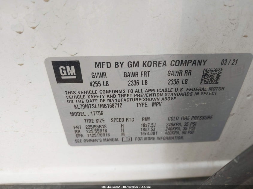 2021 Chevrolet Trailblazer Fwd Rs VIN: KL79MTSL1MB168712 Lot: 44854751