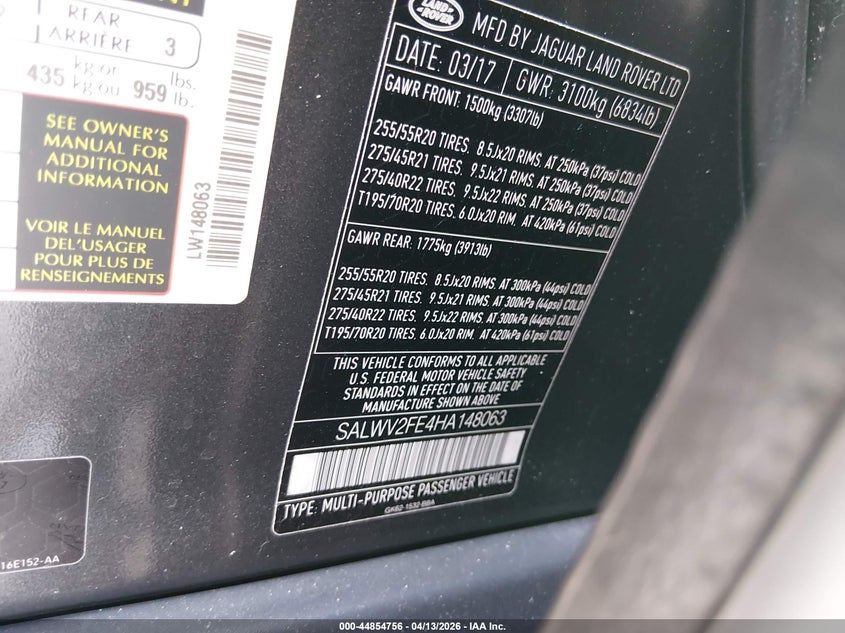 2017 Land Rover Range Rover Sport 5.0L V8 Supercharged Autobiography VIN: SALWV2FE4HA148063 Lot: 44854756