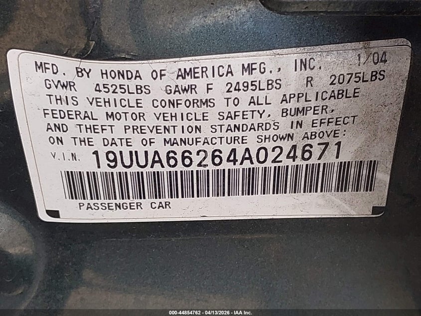2004 Acura Tl VIN: 19UUA66264A024671 Lot: 44854762
