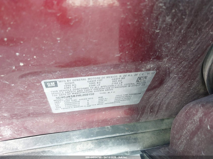 2017 Chevrolet Trax Ls VIN: 3GNCJNSB7HL260150 Lot: 44854768