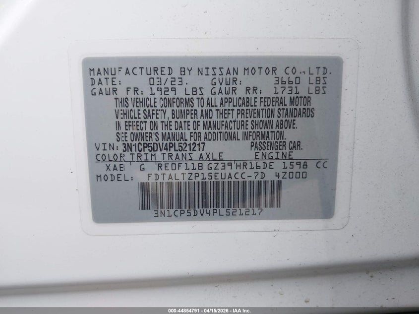 2023 Nissan Kicks Sr Xtronic Cvt VIN: 3N1CP5DV4PL521217 Lot: 44854791