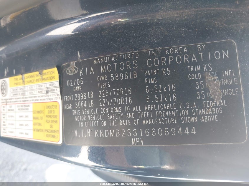 2006 Kia Sedona Ex/Lx VIN: KNDMB233166069444 Lot: 44854795