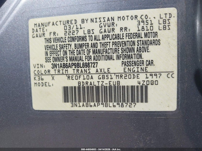 2011 Nissan Sentra 2.0S VIN: 3N1AB6AP9BL698727 Lot: 44854803