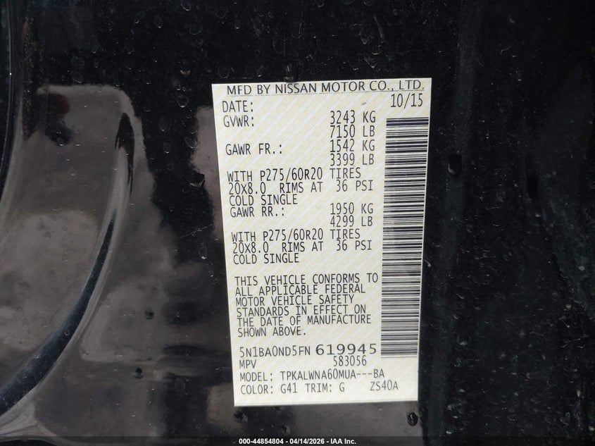 2015 Nissan Armada Platinum/Sl/Sv VIN: 5N1BA0ND5FN619945 Lot: 44854804