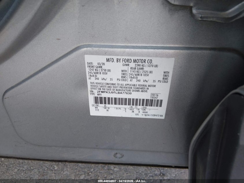 2020 Ford Edge Sel VIN: 2FMPK3J91LBA77630 Lot: 44854807