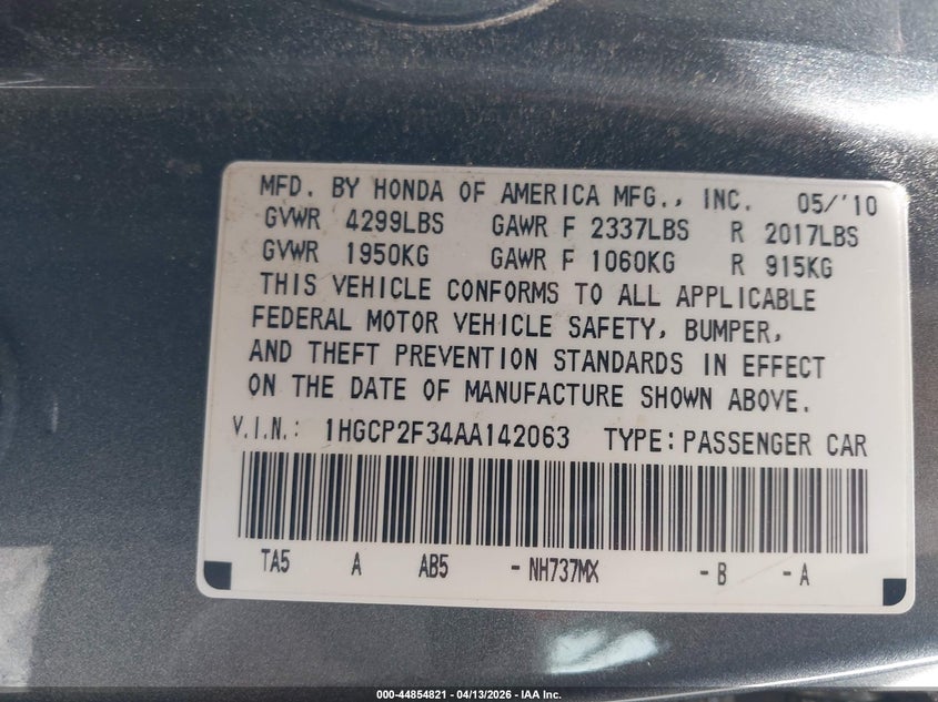 2010 Honda Accord 2.4 Lx VIN: 1HGCP2F34AA142063 Lot: 44854821
