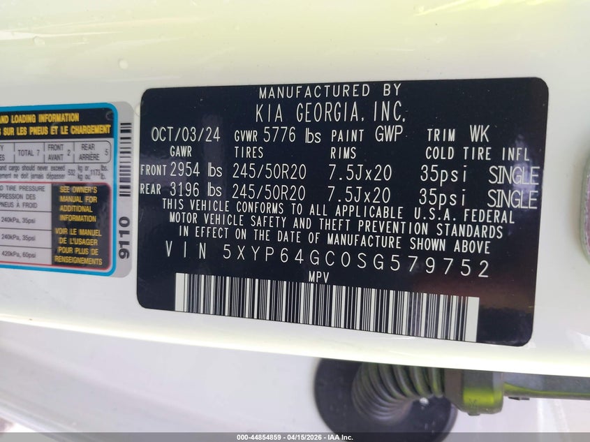 2025 Kia Telluride S VIN: 5XYP64GC0SG579752 Lot: 44854859