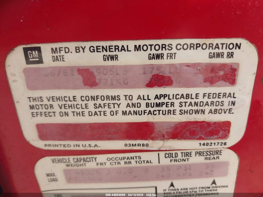 1981 Chevrolet Corvette VIN: 1G1AY8765BS428040 Lot: 44854896