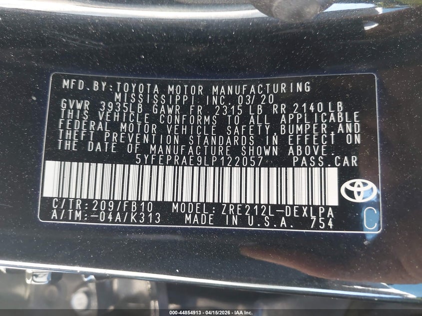 2020 Toyota Corolla Le VIN: 5YFEPRAE9LP122057 Lot: 44854913