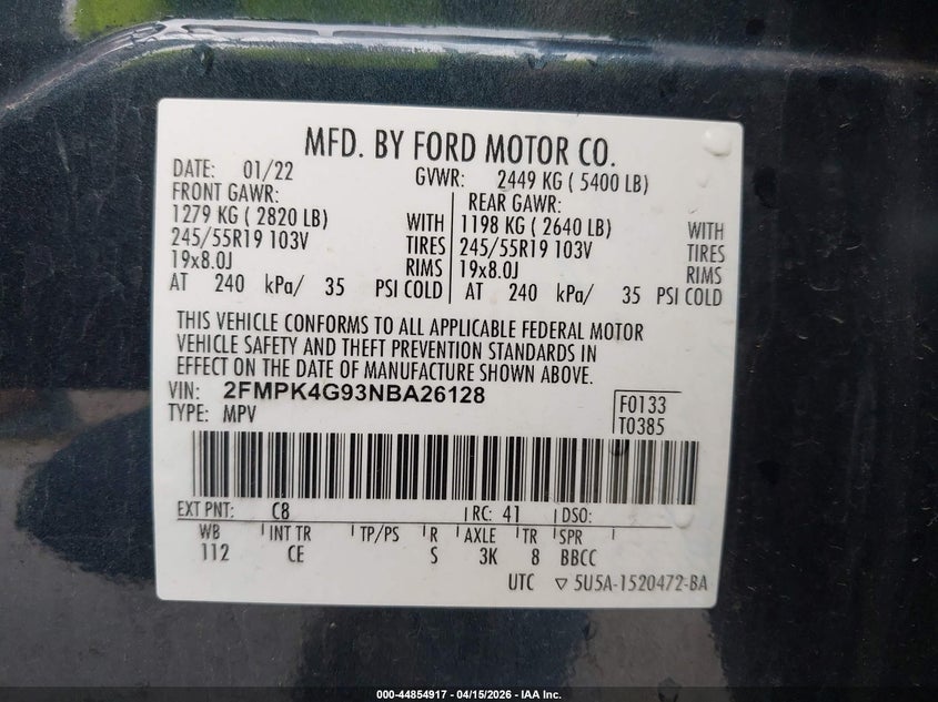 2022 Ford Edge Se VIN: 2FMPK4G93NBA26128 Lot: 44854917