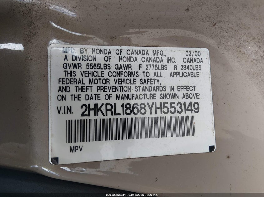 2000 Honda Odyssey Ex VIN: 2HKRL1868YH553149 Lot: 44854931