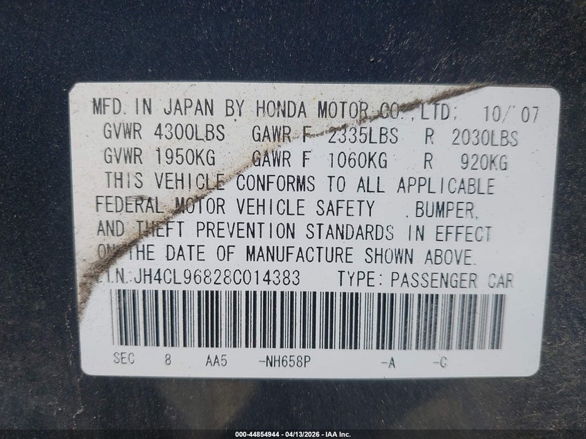 2008 Acura Tsx VIN: JH4CL96828C014383 Lot: 44854944