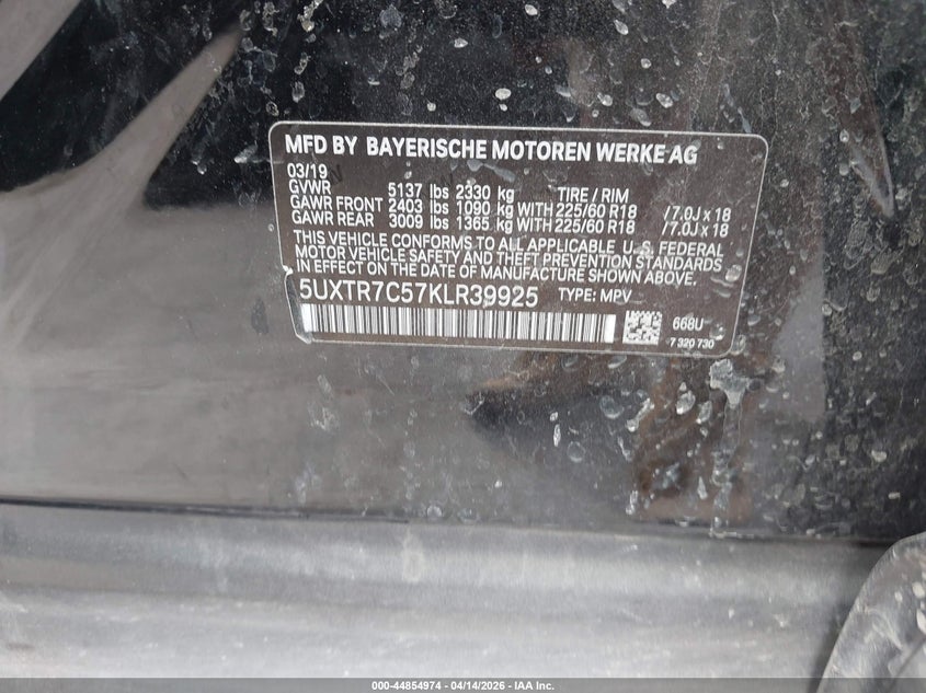 2019 BMW X3 Sdrive30I VIN: 5UXTR7C57KLR39925 Lot: 44854974