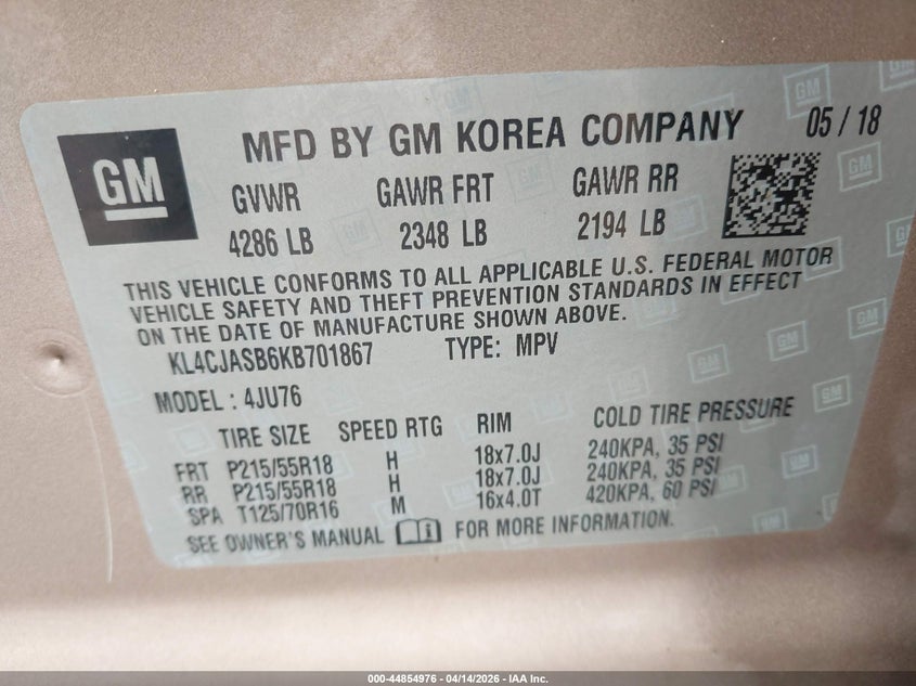 2019 Buick Encore Fwd Preferred VIN: KL4CJASB6KB701867 Lot: 44854976