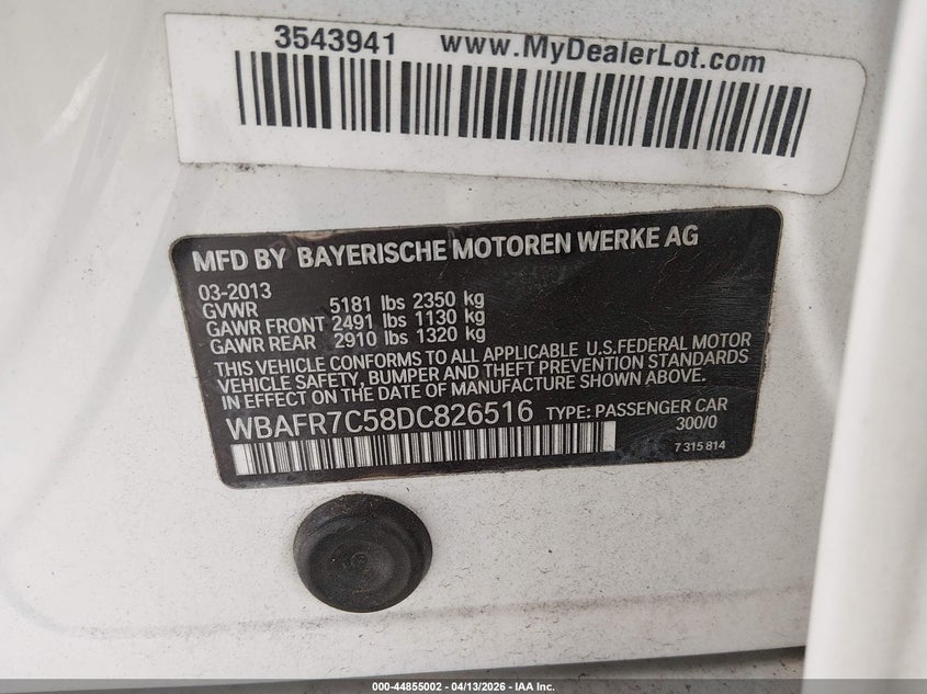 2013 BMW 535I VIN: WBAFR7C58DC826516 Lot: 44855002