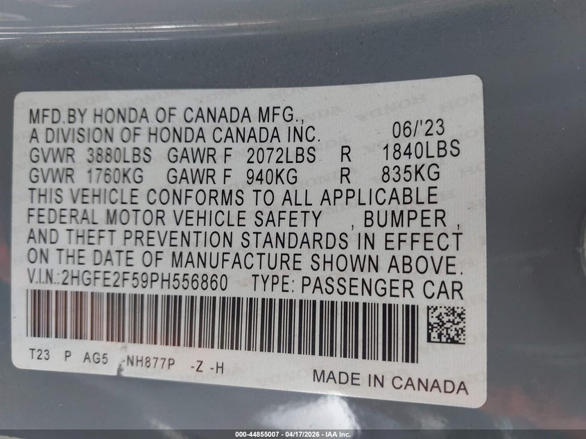 VIN 2HGFE2F59PH556860 2023 HONDA CIVIC SPORT