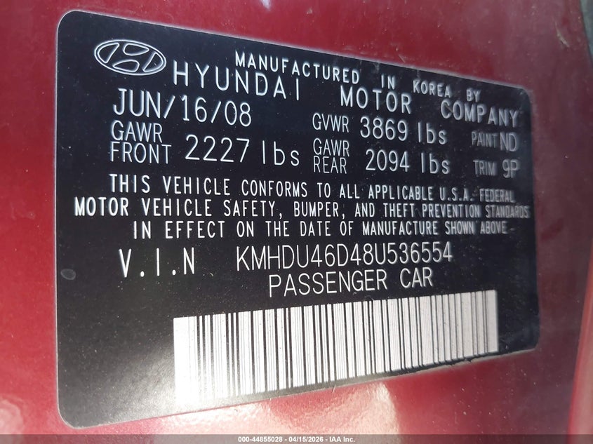 2008 Hyundai Elantra Gls/Se VIN: KMHDU46D48U536554 Lot: 44855028